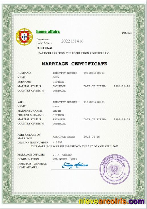 Portugal marriage certificate
